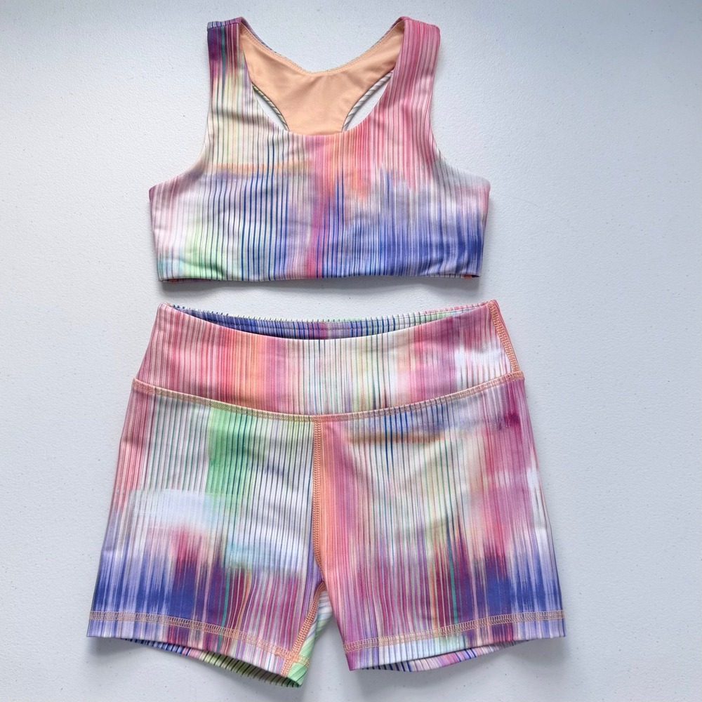 DSG Girl's 8-10 Multicolor Pastel Striped Athletic Set Sports Bra & Biker Shorts